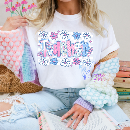 Floral Teacher Checkered Apparel