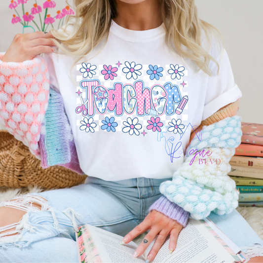 Floral Teacher Checkered Apparel